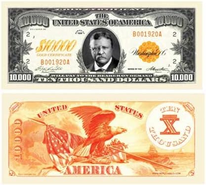 Pack of 10 - $10,000.00 Ten Thousand Dollar Gold Certificate Novelty Bill